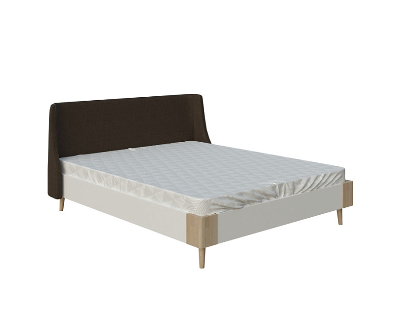 Кровать Lagom Side Chips 160x200 ЛДСП+ткань Лама Шоколад/ЛДСП Белый Жемчуг/Масло-воск Natura (Бук) - Оригинальная кровать без встроенного основания из ЛДСП с мягкими элементами.