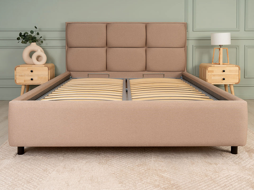 Кровать Malina 140x190 Ткань: Рогожка Тетра Бежевый - Изящная кровать без встроенного основания из массива сосны с мягкими элементами.
