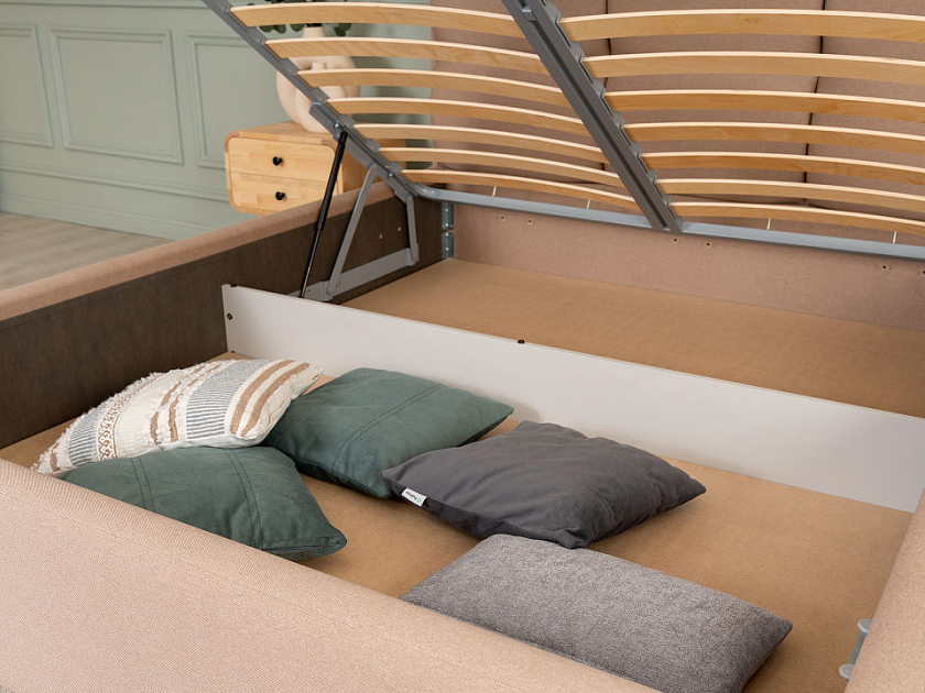 Кровать Malina 140x200 Ткань: Рогожка Тетра Бежевый - Изящная кровать без встроенного основания из массива сосны с мягкими элементами.