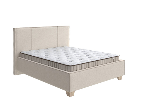 Бежевая кровать Hygge Line - Мягкая кровать с ножками из массива березы и объемным изголовьем